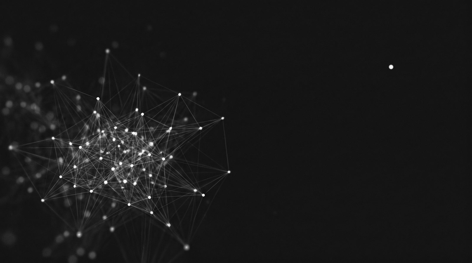 A dense cluster of connected white network nodes on black, with one lone node isolated far away in the dark